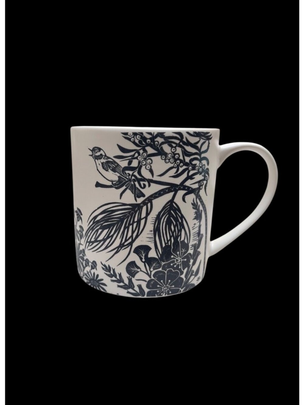 Kate Heiss Floral Bird White with Woodland Navy Ceramic Mug 10 Oz